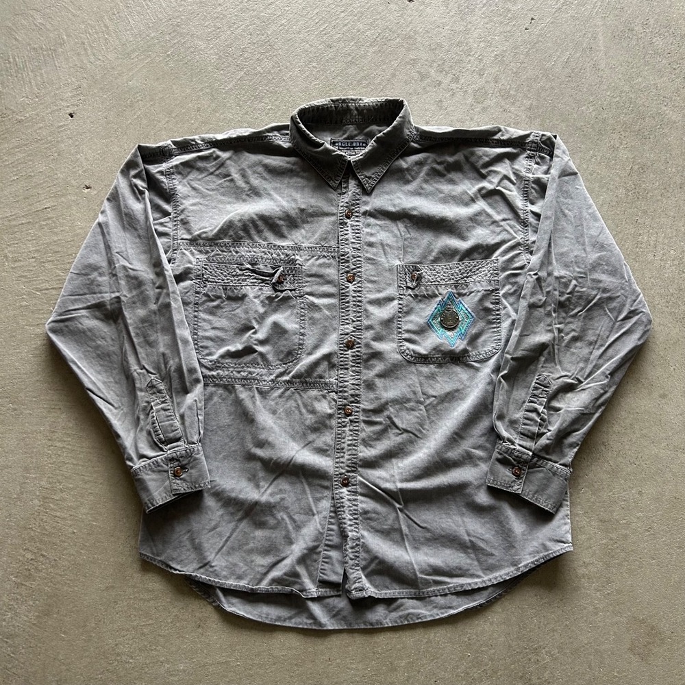 Vintage 90s Bugle Boy Button Up Shirt Size Large Gray Surf Wear 100% Cotton